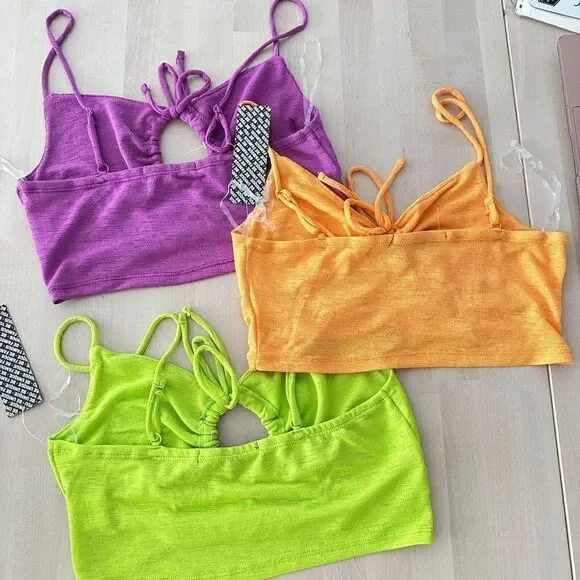 NWT Crop Top Bundle Womens Large Summer Neon Color Cut Out Slinky Fabric 3 Piece - Picture 7 of 7